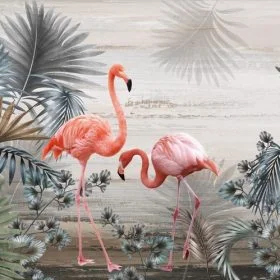 Soft tonlarda palmiye yaprakları arasında zarif duruşlu iki adet pembe flamingo içeren 3D dijital baskı duvar kağıdı