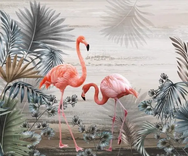 Soft tonlarda palmiye yaprakları arasında zarif duruşlu iki adet pembe flamingo içeren 3D dijital baskı duvar kağıdı