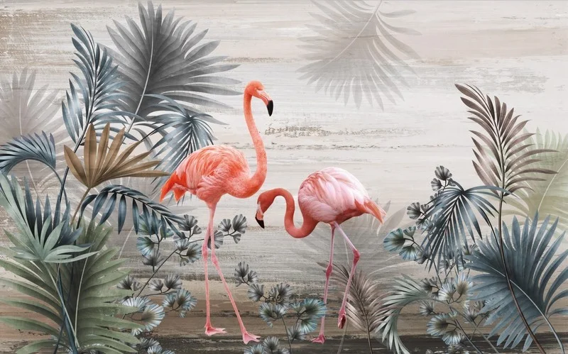 Soft tonlarda palmiye yaprakları arasında zarif duruşlu iki adet pembe flamingo içeren 3D dijital baskı duvar kağıdı