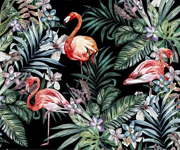 Siyah zemin üzerine kiremit tonlarında flamingo figürleri ve yeşil tropikal yapraklar içeren 3D dijital baskı gerçek duvar kağıdı.