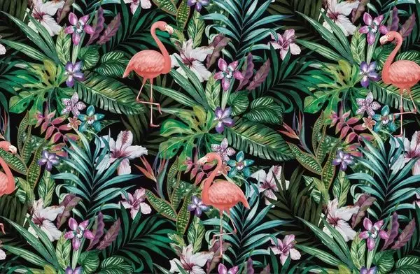 Siyah arka plan üzerinde pembe flamingolar ve renkli tropikal çiçeklerden oluşan yüksek çözünürlüklü 3D dijital baskı gerçek duvar kağıdı