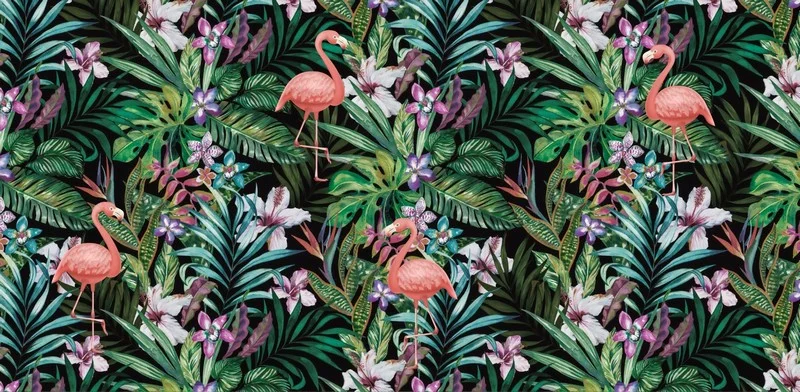 Siyah arka plan üzerinde pembe flamingolar ve renkli tropikal çiçeklerden oluşan yüksek çözünürlüklü 3D dijital baskı gerçek duvar kağıdı