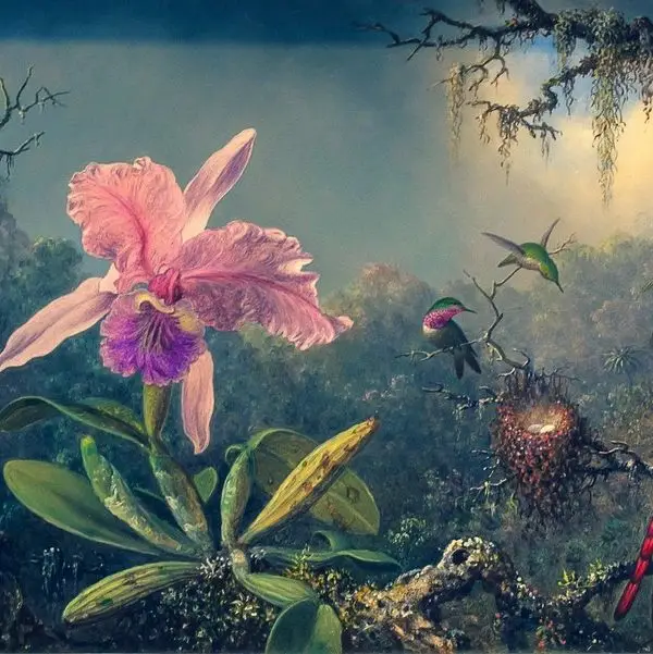 Egzotik bir ormanda dev pembe orkide çiçeği ve etrafında uçan renkli kolibri kuşları temalı 3D dijital baskı gerçek duvar kağıdı.