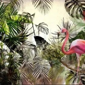 Sulu boya dokulu sanatsal pembe flamingo figürü ve yeşil egzotik palmiye yaprakları içeren modern tropikal duvar kağıdı tasarımı.