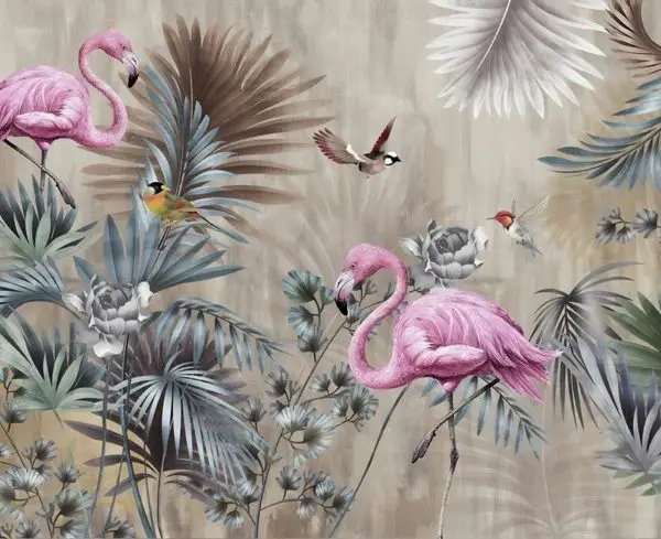 Vizon ve antrasit tonlarında yaprak desenleri arasında duran canlı pembe flamingo figürleri içeren 3D dijital baskı gerçek duvar kağıdı.