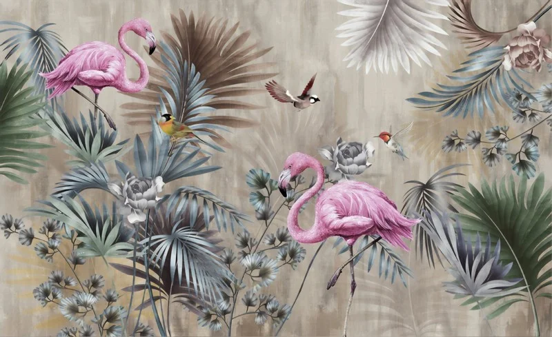 Vizon ve antrasit tonlarında yaprak desenleri arasında duran canlı pembe flamingo figürleri içeren 3D dijital baskı gerçek duvar kağıdı.