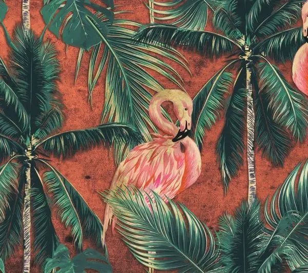Kiremit rengi eskitme zemin üzerinde palmiye ağaçları ve pembe flamingo figürleri içeren 3D dijital baskı gerçek duvar kağıdı.