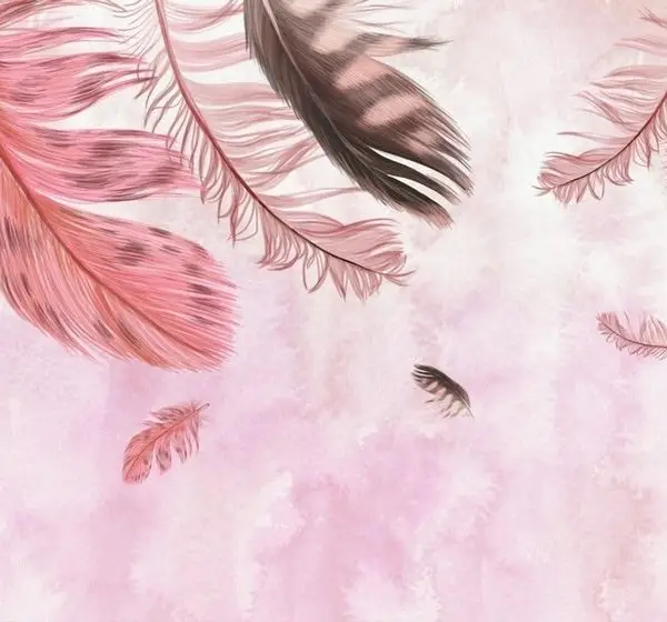 Pudra suluboya zemin üzerinde pembe tüy motifli dekoratif dikişsiz duvar kağıdı.