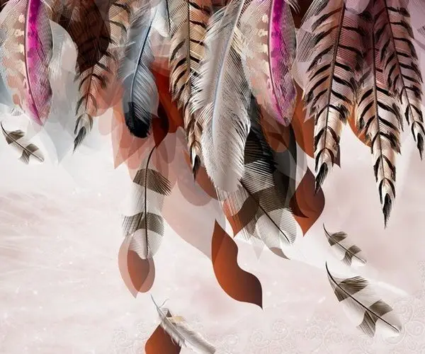 Gri beton zemin üzerinde fuşya, bordo ve siyah tüy tasarımlı dikişsiz tekstil duvar kağıdı.