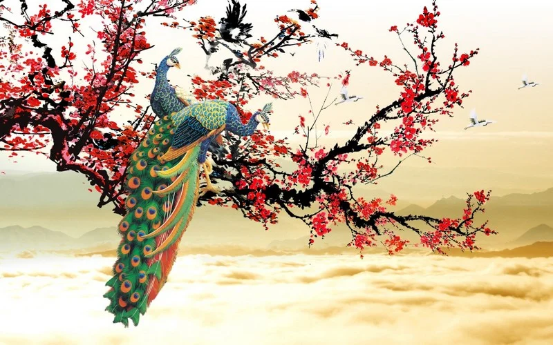 cennetin kanatlari tavus kusu ve sakura desenli 3d duvar kagidi