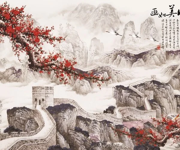 ebedi duvarlar cin seddi manzarali ve turna kuslu 3d duvar kagidi