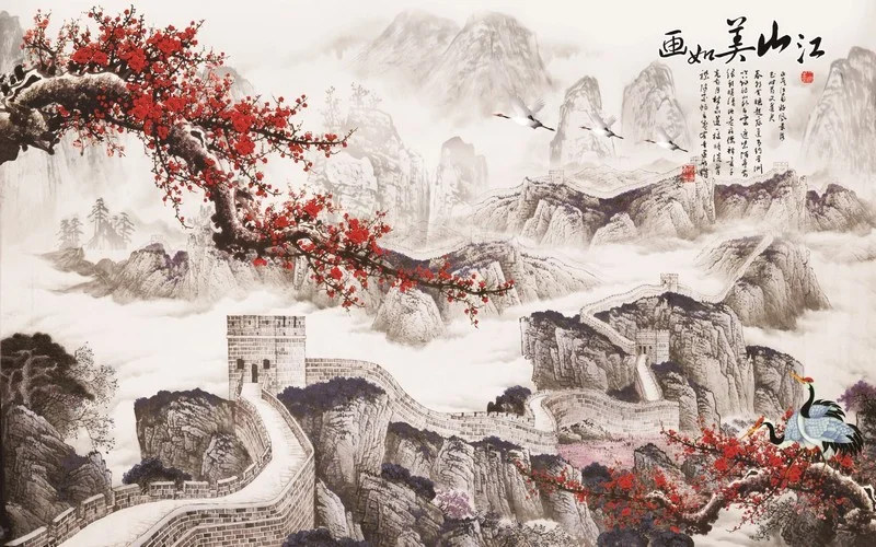 ebedi duvarlar cin seddi manzarali ve turna kuslu 3d duvar kagidi