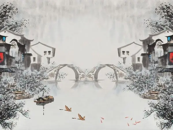 yansiyan dinginlik simetrik nehir kasabasi 3d duvar kagidi