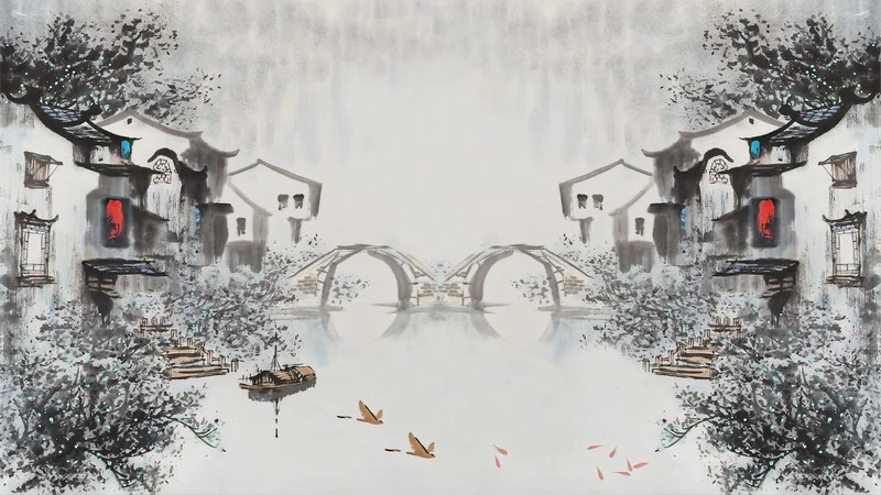 yansiyan dinginlik simetrik nehir kasabasi 3d duvar kagidi