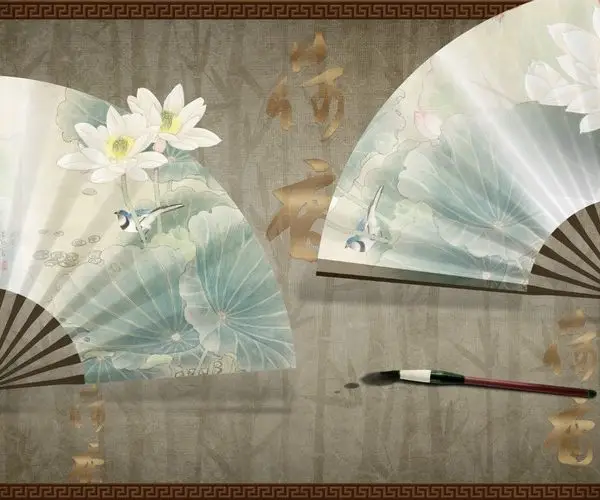 yelpaze esintisi lotus cicekli ve kaligrafi detayli 3d duvar kagidi