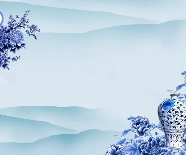 mavi porselen vazo ve sakayik cicekli 3d duvar kagidi