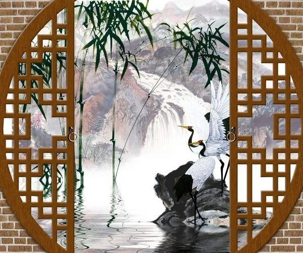 zen kapisi turna kuslari ve bambu ormani temali 3d duvar kagidi