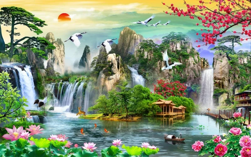 efsunlu vadi pembe sakayik ve turna temali 3d duvar kagidi