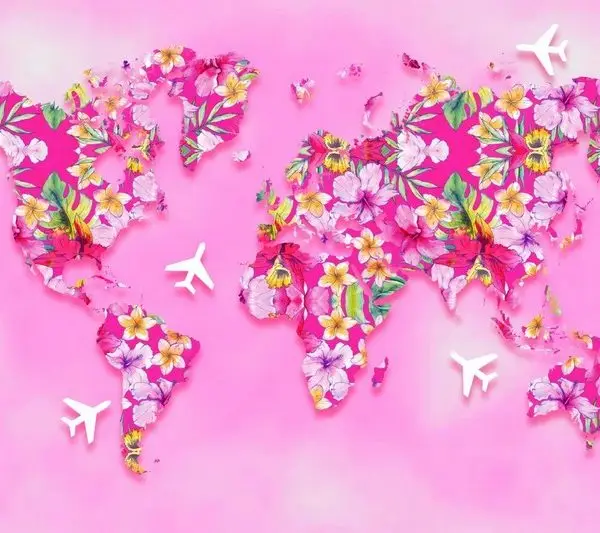 pembe buket dunya atlasi cicekli 3d duvar kagidi