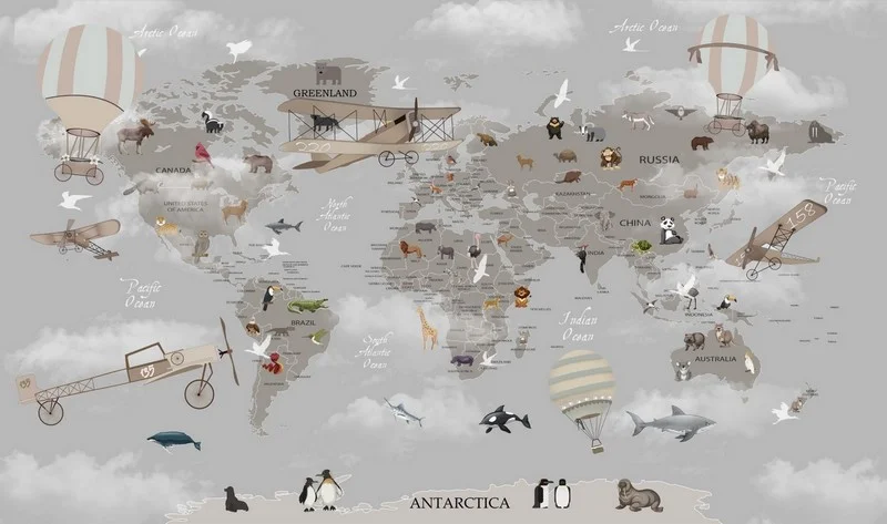 dunya turu seruveni egitici hayvanli 3d cocuk duvar kagidi