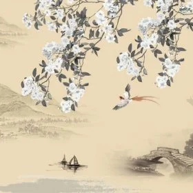 sakura dallari arasindan gorunen tas kopru yelkenli ve dag manzarali panoramik duvar kagidi