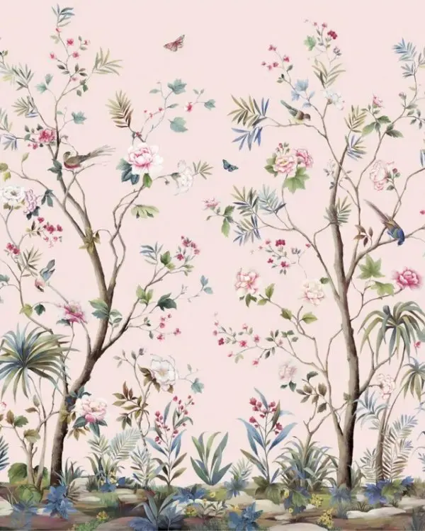 soft pembe zemin uzerinde pembe sakayik agaclari renkli kelebekler ve egzotik bitkili duvar kagidi