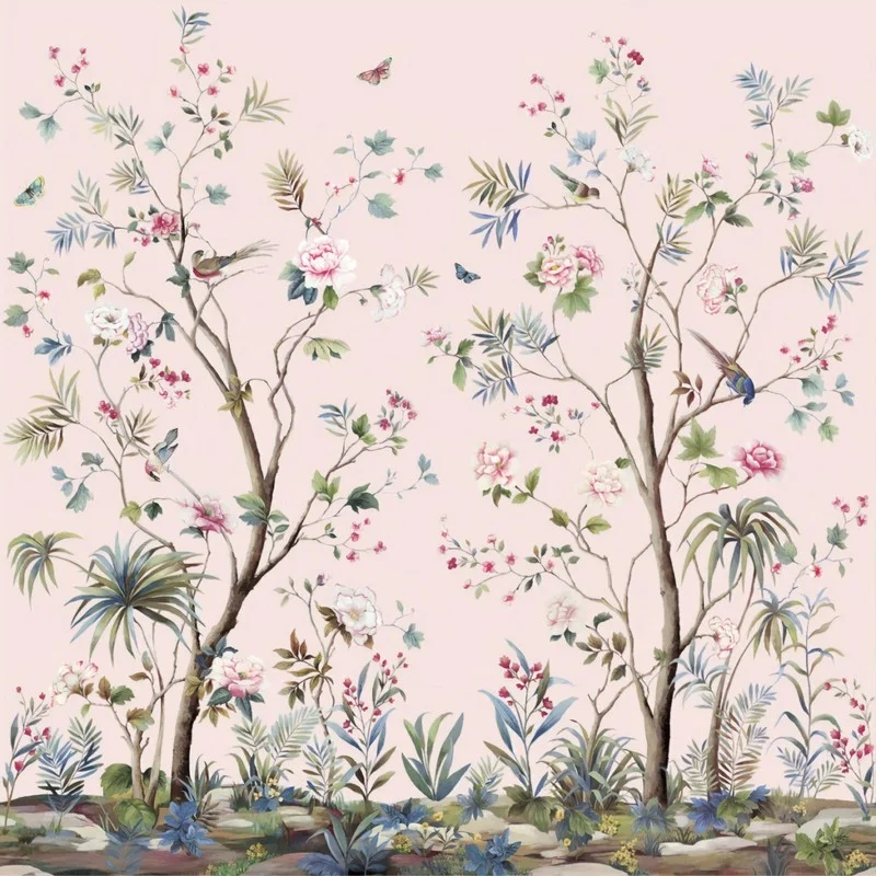 soft pembe zemin uzerinde pembe sakayik agaclari renkli kelebekler ve egzotik bitkili duvar kagidi