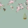 su yesili zemin uzerinde pembe sakura dallari ucusan kuslar ve dekoratif altin kafesli duvar kagidi