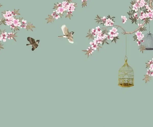 su yesili zemin uzerinde pembe sakura dallari ucusan kuslar ve dekoratif altin kafesli duvar kagidi