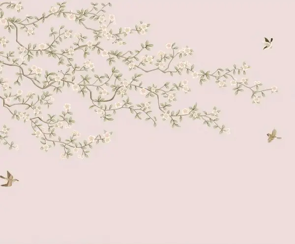 pudra pembe yumusak zemin uzerinde krem rengi bahar dallari ve ucusan zarif kus desenli duvar kagidi