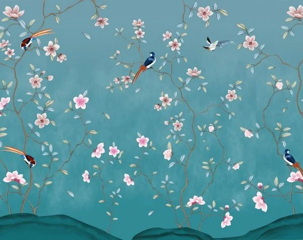 mat mint su yesili zemin uzerinde beyaz erik cicekleri ve sarki soyler gibi duran melodik kuslu duvar kagidi