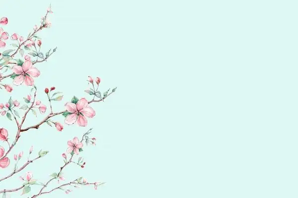 açık mavi pürüzsüz zemin üzerinde sol taraftan yükselen pembe çiçekli bahar dalları duvar kağıdı