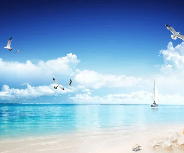 Turkuaz deniz manzaralı ve yelkenli detaylı 3D derinlik katan lüks duvar posteri.