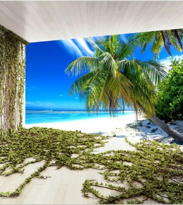 Sarmaşıklarla çevrili balkondan turkuaz deniz ve palmiye manzarasına açılan derinlik etkili duvar posteri.