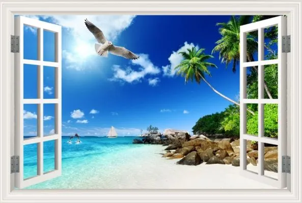 Beyaz çerçeveli pencereden görünen martı, palmiye ve turkuaz deniz manzaralı, iç mimar projeleri için derinlik etkili 3D duvar posteri.