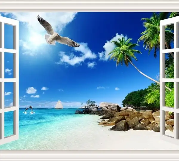 Beyaz çerçeveli pencereden görünen martı, palmiye ve turkuaz deniz manzaralı, iç mimar projeleri için derinlik etkili 3D duvar posteri.