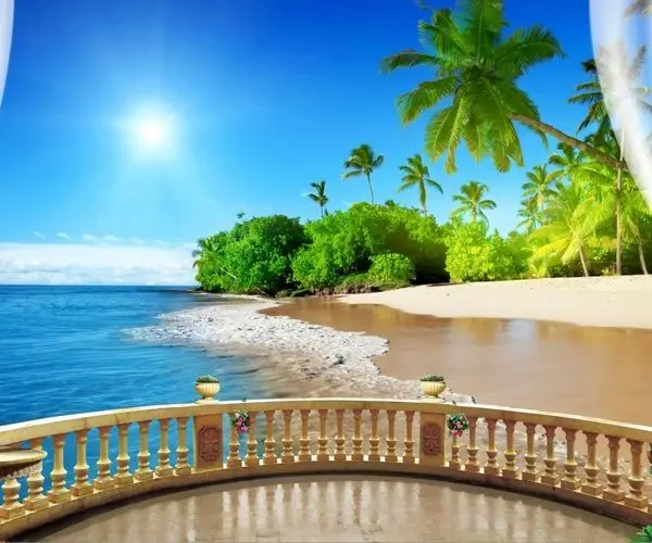 Beyaz tül perdeli balkon ve klasik korkuluklu teras üzerinden turkuaz sahil manzaralı, iç mimari projeler için 3D derinlik etkili duvar posteri.