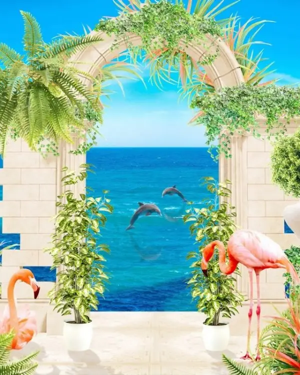 Kemerli taş pencere önünde pembe flamingolar ve denizde zıplayan yunuslar temalı, çocuk odası ve kreşler için uygun 3D manzara duvar posteri.