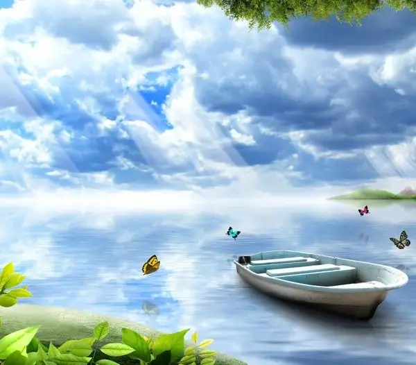 Durgun göl üzerinde süzülen sandallar ve renkli kelebekler temalı, iç mimar projeleri için derinlik etkili 3D manzara duvar posteri.