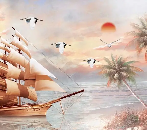 Gün batımında denizde süzülen çok yelkenli gemi ve uçan turna kuşları temalı, iç mimari projeler için sanatsal manzara duvar posteri.