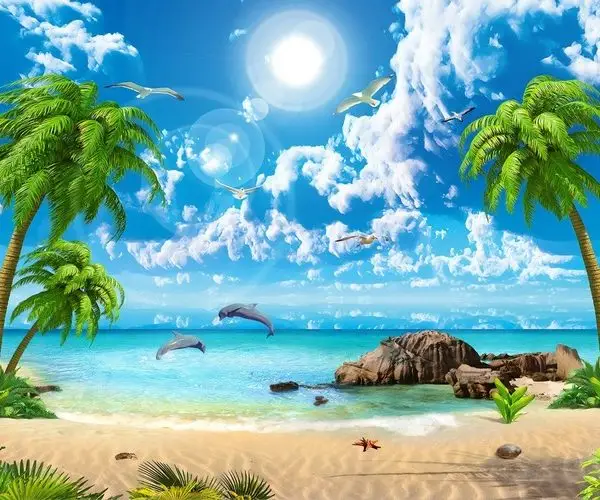 Turkuaz deniz üzerinde zıplayan yunuslar ve palmiye ağaçları temalı, iç mimari projeler için derinlik etkili 3D sahil manzara duvar posteri.