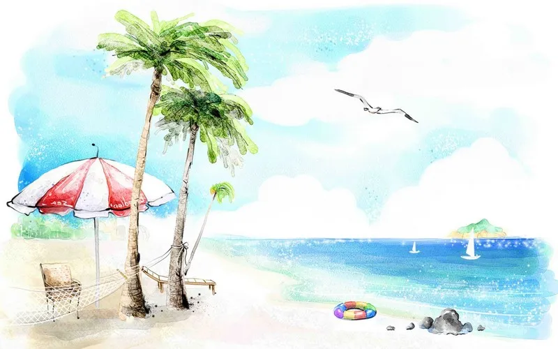 Suluboya efektli plaj şemsiyesi palmiye ağaçları ve deniz manzaralı modern iç mimari projeler için sanatsal illüstrasyon duvar posteri.