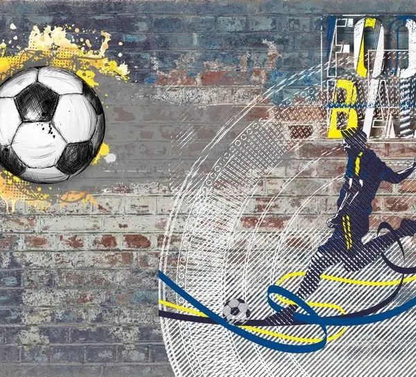 Trendyol sarı mavi futbol yazılı duvar kağıdı ve Hepsiburada tuğla desenli sporcu posteri bursa