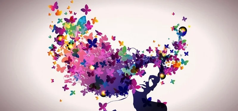 Renkli kelebeklerin saç oluşturduğu modern kadın silueti tasarımlı dekoratif duvar kağıdı.