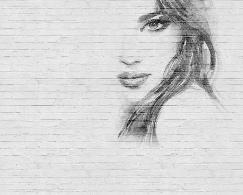 Beyaz tuğla desenli zemin üzerinde yarım kadın yüzü illüstrasyonu içeren modern duvar kağıdı.