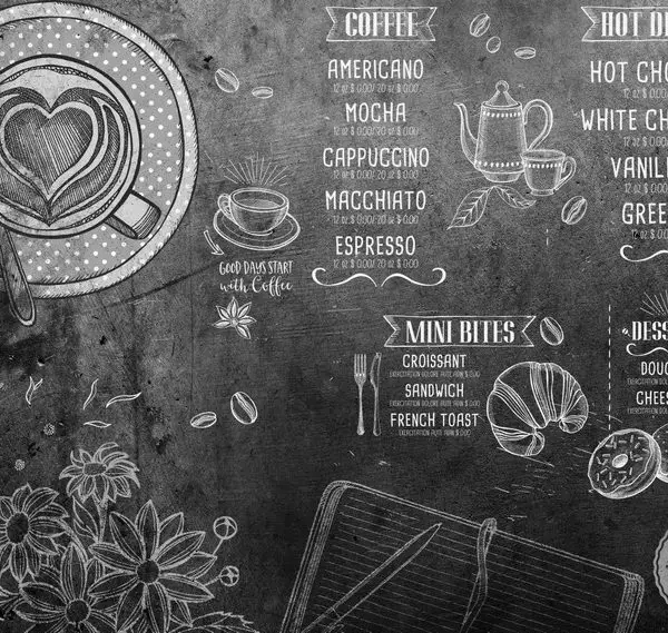 Siyah kara tahta üzerine beyaz tebeşirle çizilmiş kahve çeşitleri, latte art ve tatlı illüstrasyonları olan duvar kağıdı.