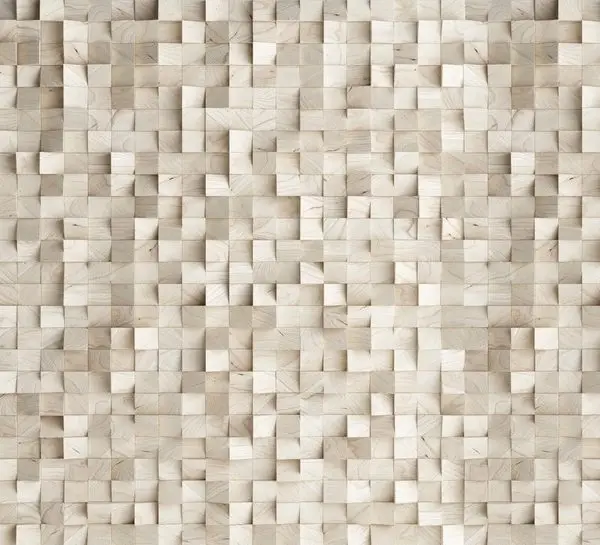 Doğal ahşap renkli, üç boyutlu küp blok görünümlü, modern geometrik vinil duvar kağıdı.