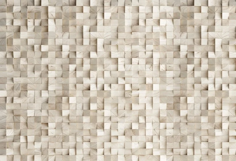 Doğal ahşap renkli, üç boyutlu küp blok görünümlü, modern geometrik vinil duvar kağıdı.