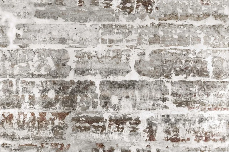 Vizon ve antrasit geçişli beyazlatılmış eskitme tuğla desenli 3D dekoratif duvar kağıdı.