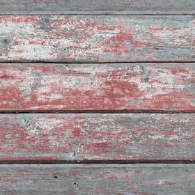 Yatay dizilimli, dökülmüş boya efektli, kızıl ve gri tonlarda eskitme ahşap dokulu 3D dekoratif duvar kağıdı.